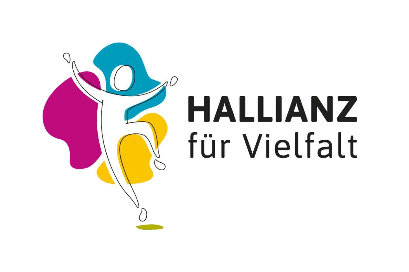 Logo HALLIANZ für Vielfalt Logo HALLIANZ: Name der Organisation und daneben ein weißes, jubelndes Männchen vor einem blau-rot-gelben Farbklecks.